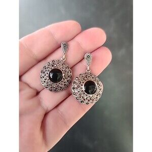 925 Sterling Silver Faux Onyx & Marcasite Dangling Pierced Earrings Vintage READ